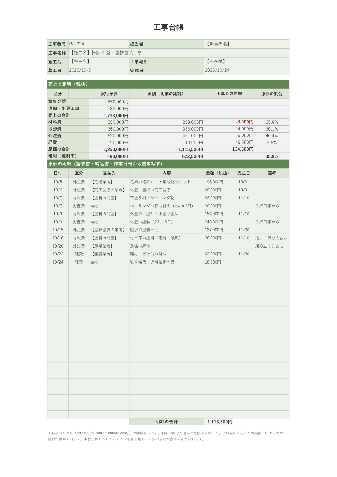 工事台帳テンプレートの記入例(外壁・屋根の塗装工事)