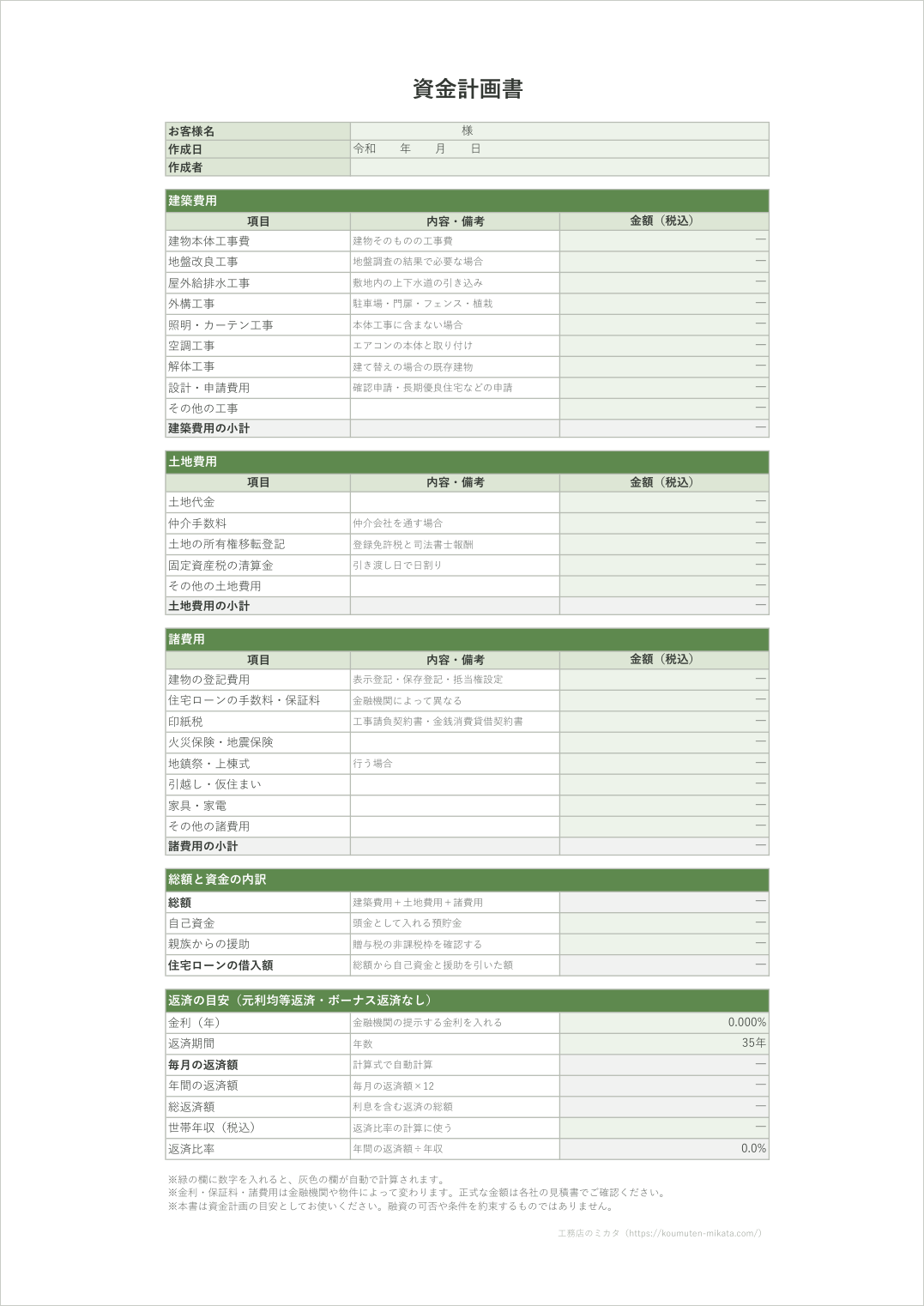 資金計画書テンプレートの空欄シート
