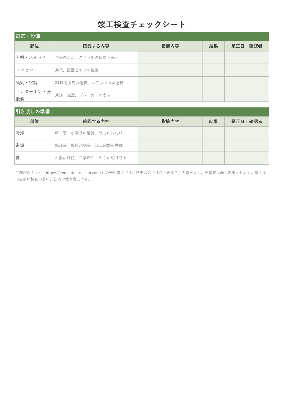 竣工検査チェックシートの2ページ目