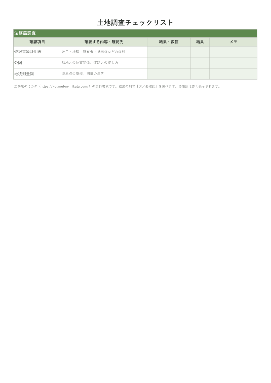 土地調査チェックリストの法務局調査のページ